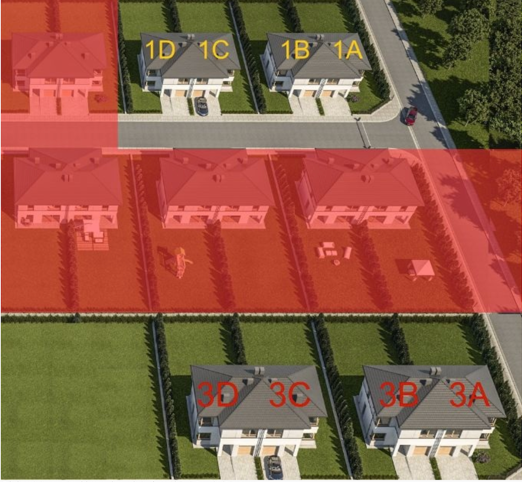 Plan osiedla z rozmieszczeniem domów 1A–1D oraz 3A–3D